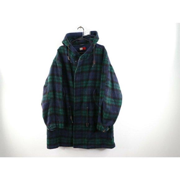 Vintage 90s Tommy Hilfiger Mens Medium Multicolor Plaid Wool Hooded Parka Jacket